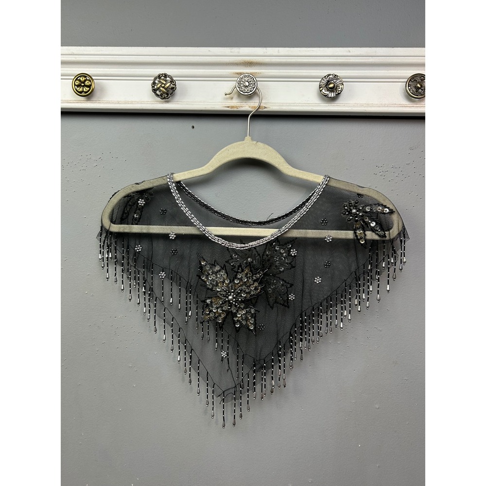 Capelet Women OS Black Silver Beaded Sequin Mesh Fringe Floral Wrap